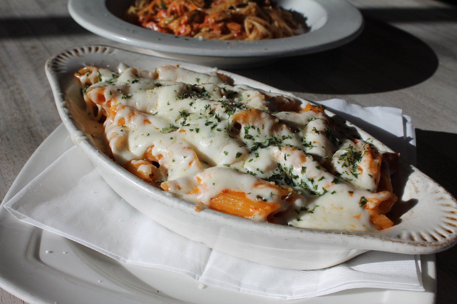Baked ziti with melted mozzarella
